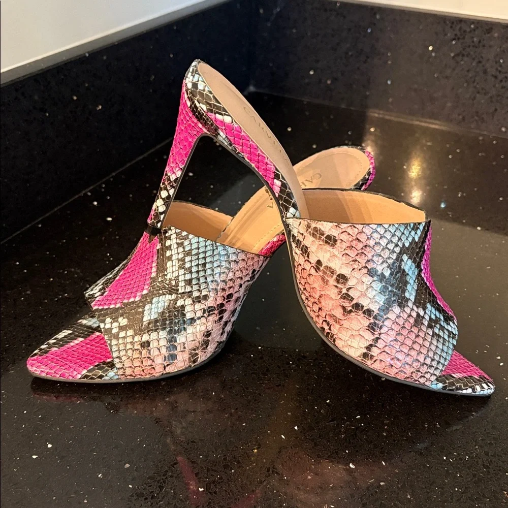 *Carvela Pink Turquoise Black Leather Snakeskin Stiletto Open Toe Heels Slides - Picture 1 of 9